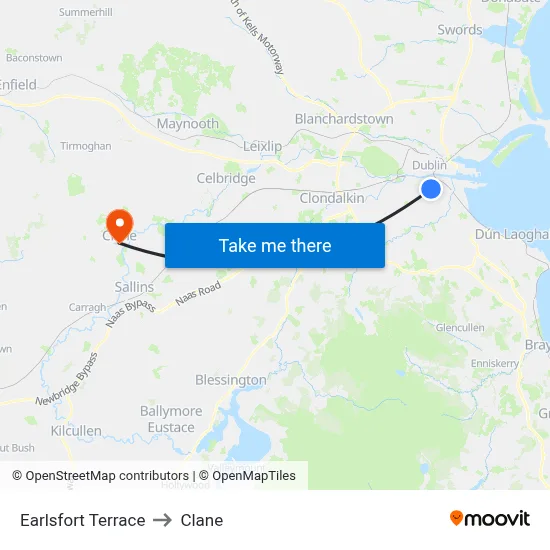 Earlsfort Terrace to Clane map