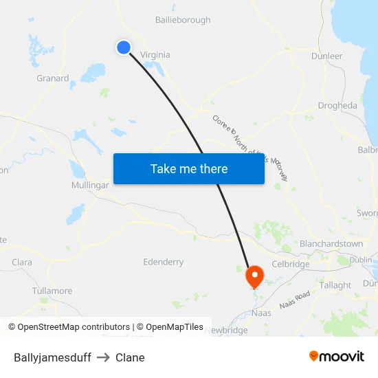 Ballyjamesduff to Clane map