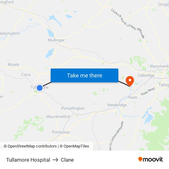 Tullamore Hospital to Clane map