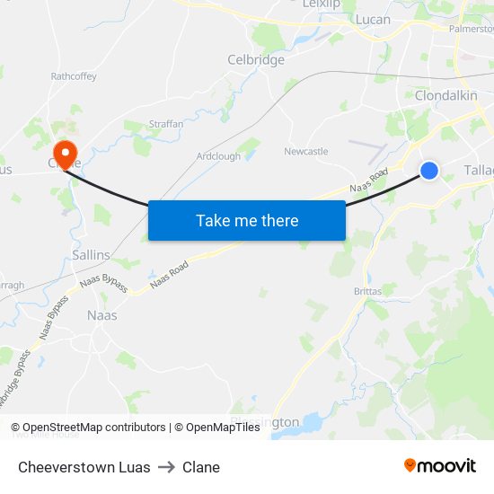 Cheeverstown Luas to Clane map