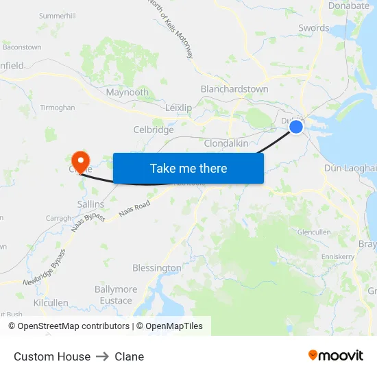 Custom House to Clane map