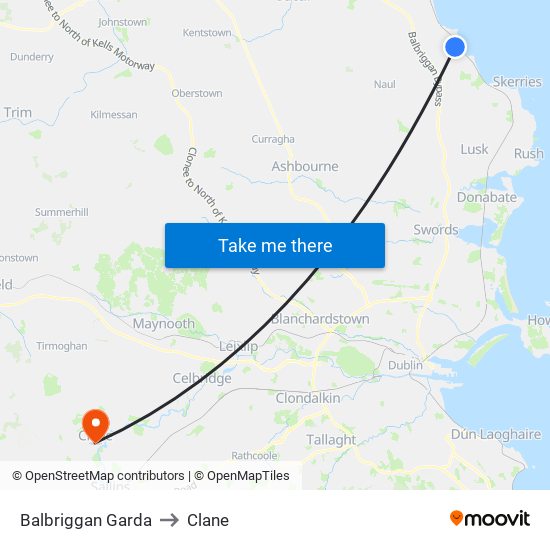 Balbriggan Garda to Clane map