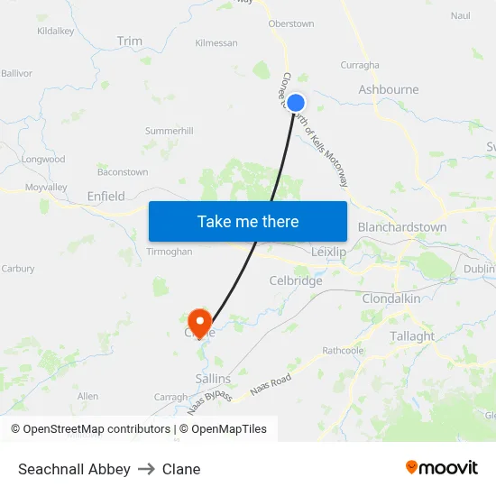 Seachnall Abbey to Clane map