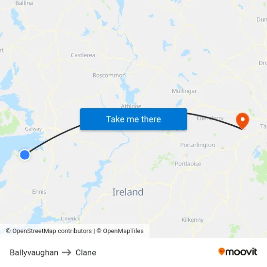 Ballyvaughan to Clane map