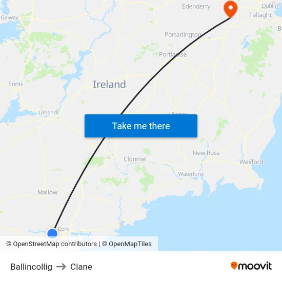 Ballincollig to Clane map