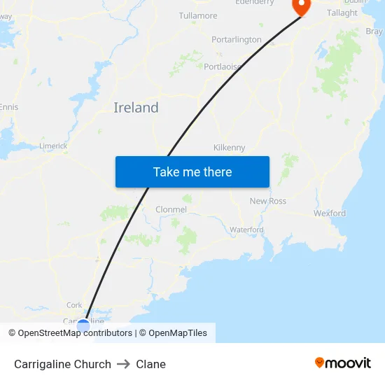 Carrigaline Church to Clane map