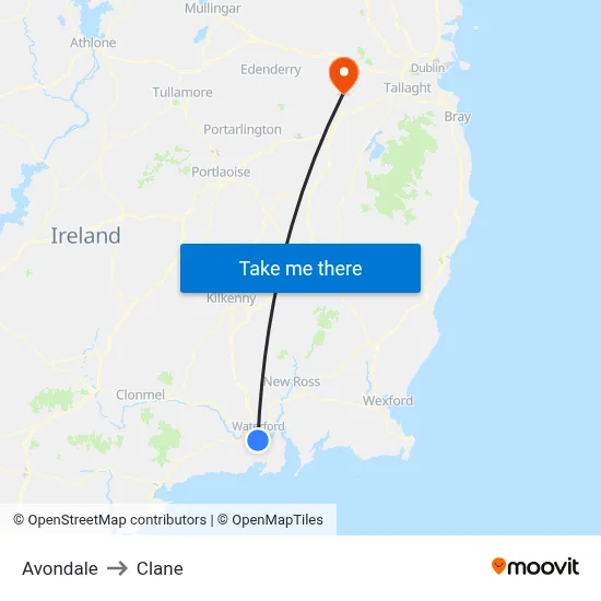 Avondale to Clane map