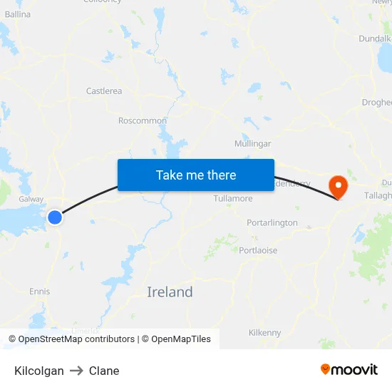Kilcolgan to Clane map