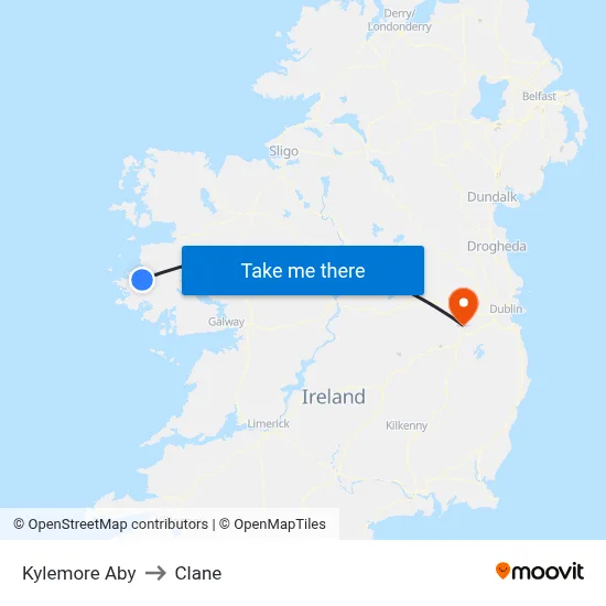 Kylemore Aby to Clane map