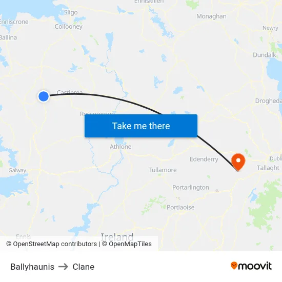 Ballyhaunis to Clane map