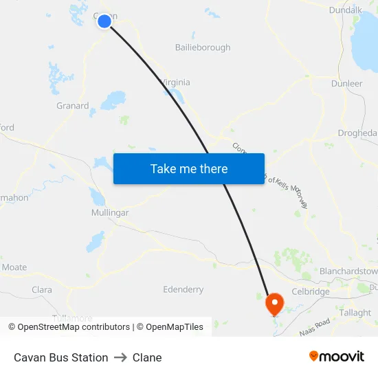 Cavan Bus Station to Clane map