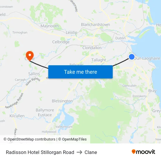 Radisson Hotel Stillorgan Road to Clane map