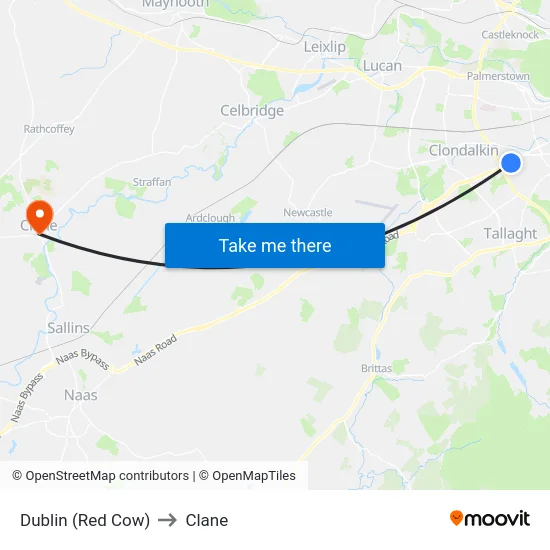 Dublin (Red Cow) to Clane map
