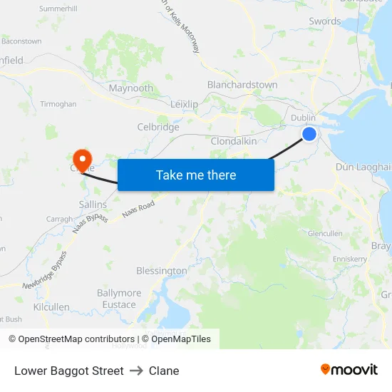 Lower Baggot Street to Clane map