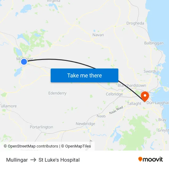 Mullingar to St Luke's Hospital map
