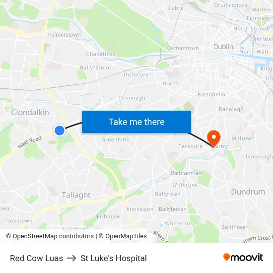 Red Cow Luas to St Luke's Hospital map