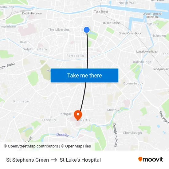 St Stephens Green to St Luke's Hospital map