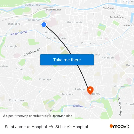 Saint James's Hospital to St Luke's Hospital map