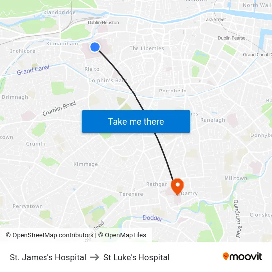 St. James's Hospital to St Luke's Hospital map