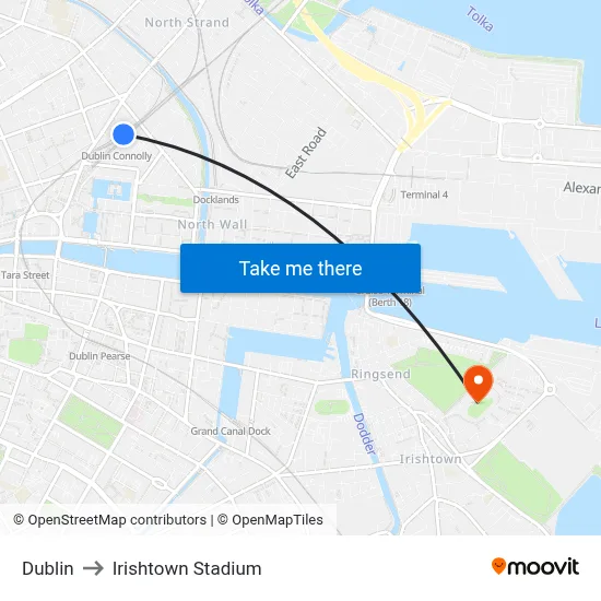 Dublin to Irishtown Stadium map
