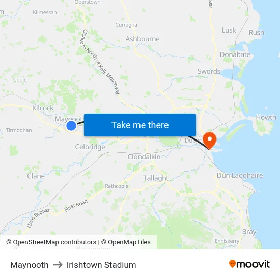 Maynooth to Irishtown Stadium map