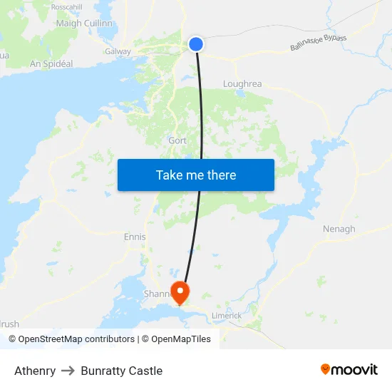 Athenry to Bunratty Castle map