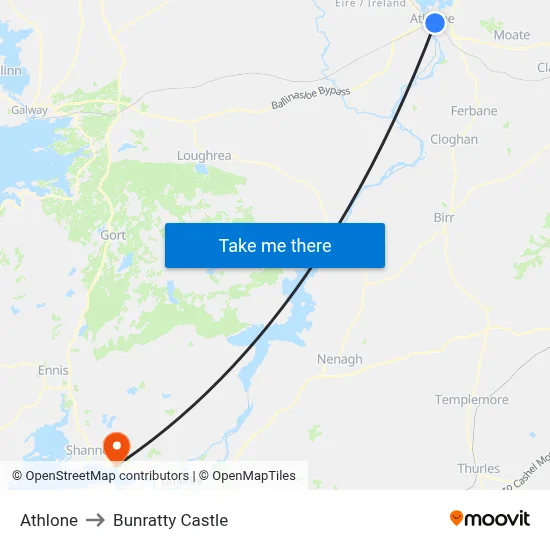 Athlone to Bunratty Castle map