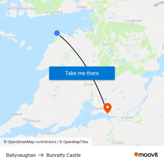 Ballyvaughan to Bunratty Castle map