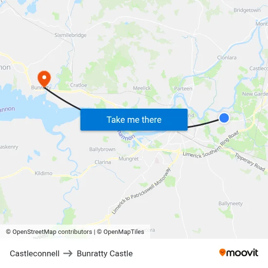 Castleconnell to Bunratty Castle map