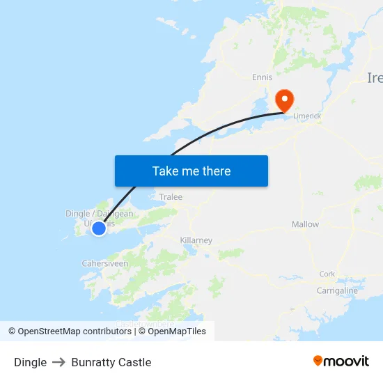 Dingle to Bunratty Castle map