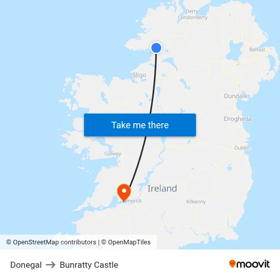 Donegal to Bunratty Castle map