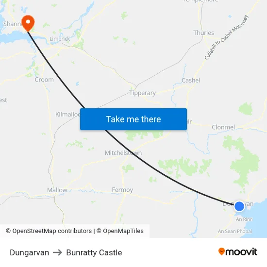 Dungarvan to Bunratty Castle map