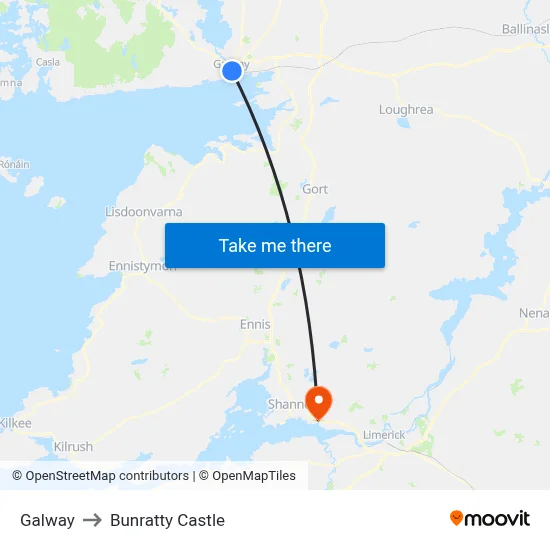 Galway to Bunratty Castle map