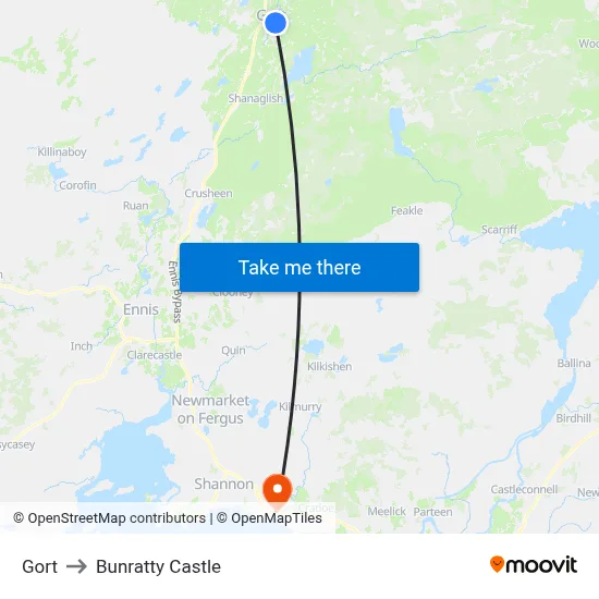 Gort to Bunratty Castle map