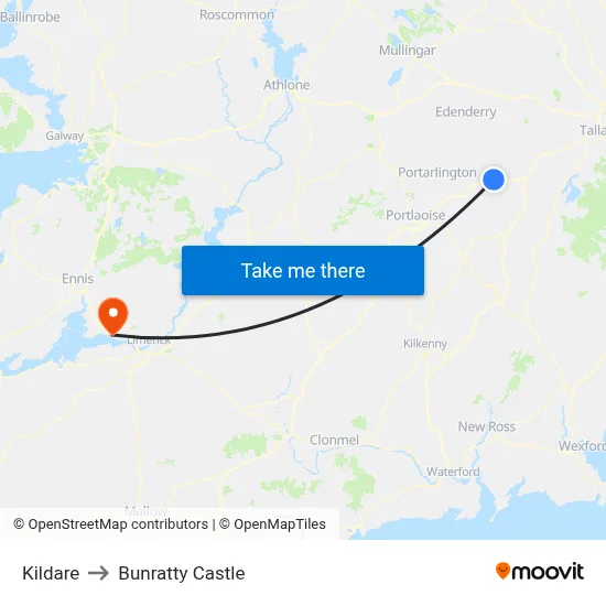 Kildare to Bunratty Castle map
