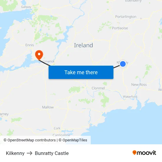 Kilkenny to Bunratty Castle map
