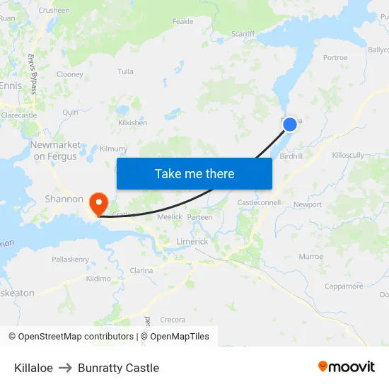 Killaloe to Bunratty Castle map