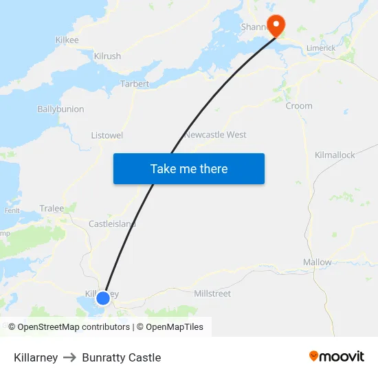 Killarney to Bunratty Castle map