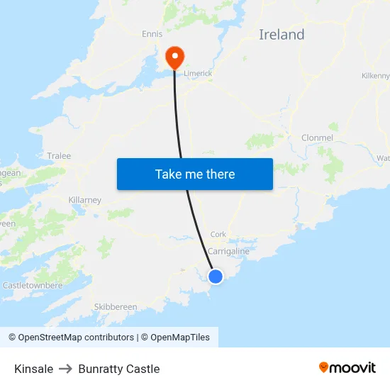 Kinsale to Bunratty Castle map