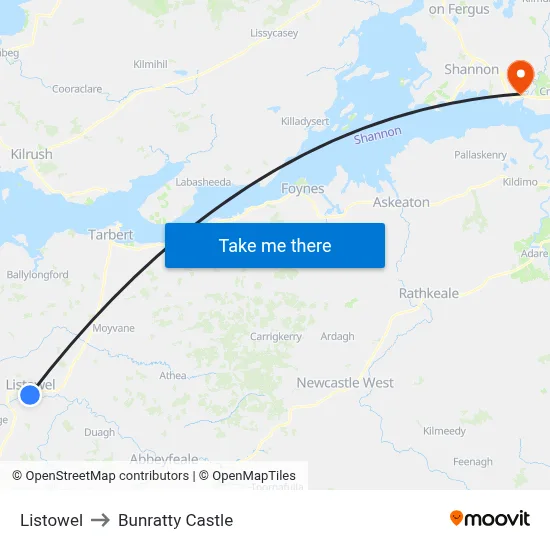 Listowel to Bunratty Castle map