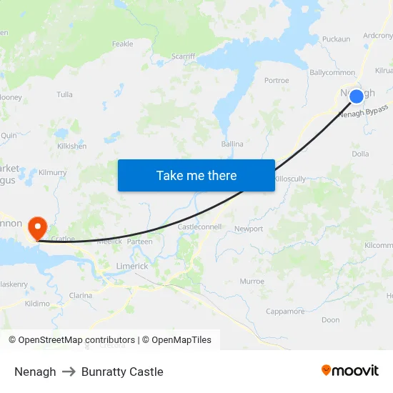 Nenagh to Bunratty Castle map