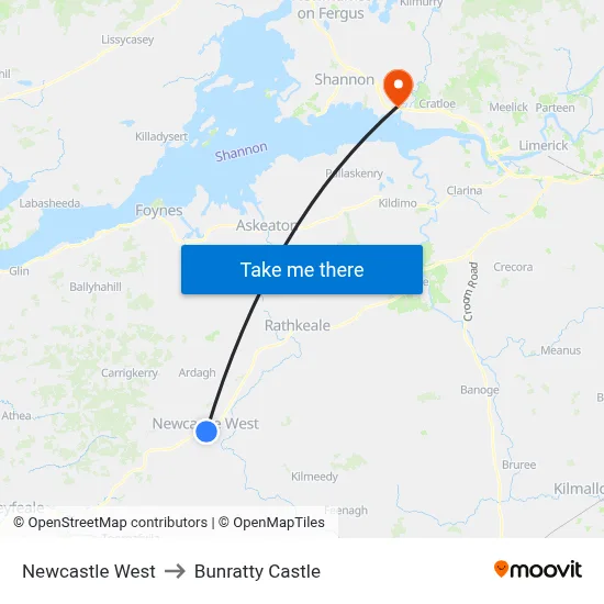 Newcastle West to Bunratty Castle map