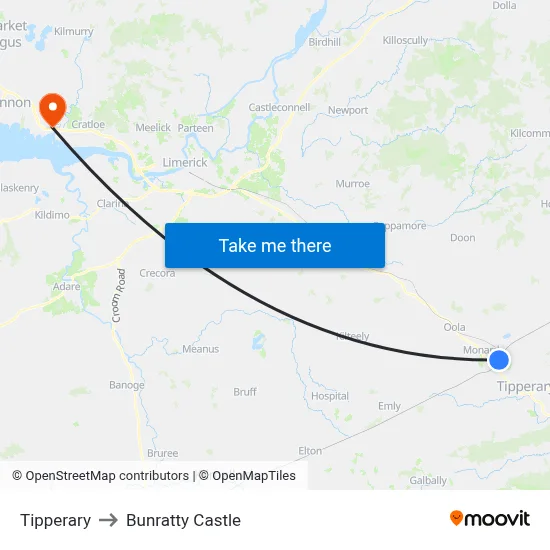 Tipperary to Bunratty Castle map