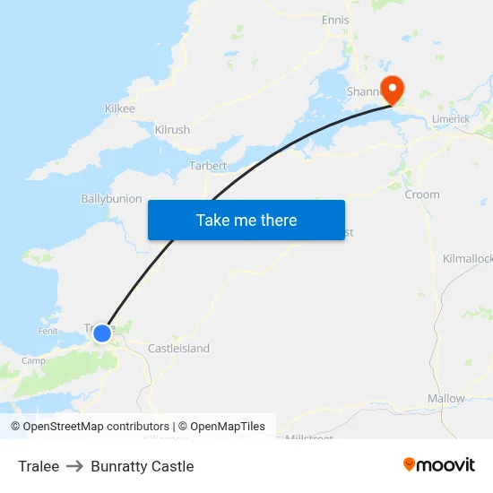 Tralee to Bunratty Castle map