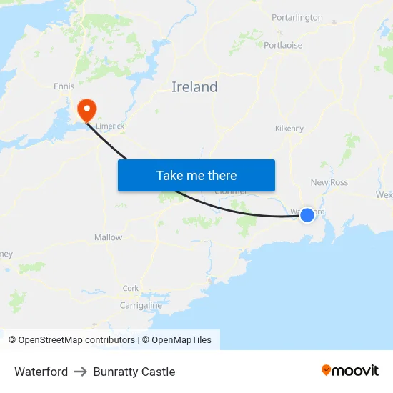 Waterford to Bunratty Castle map