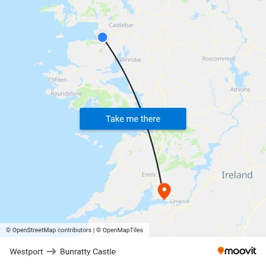 Westport to Bunratty Castle map