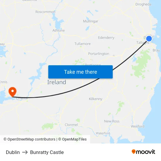 Dublin to Bunratty Castle map