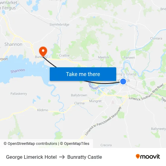 George Limerick Hotel to Bunratty Castle map