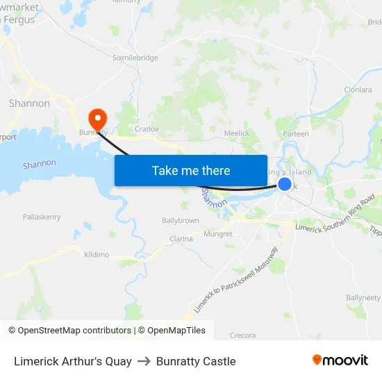 Limerick Arthur's Quay to Bunratty Castle map