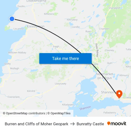 Burren and Cliffs of Moher Geopark to Bunratty Castle map